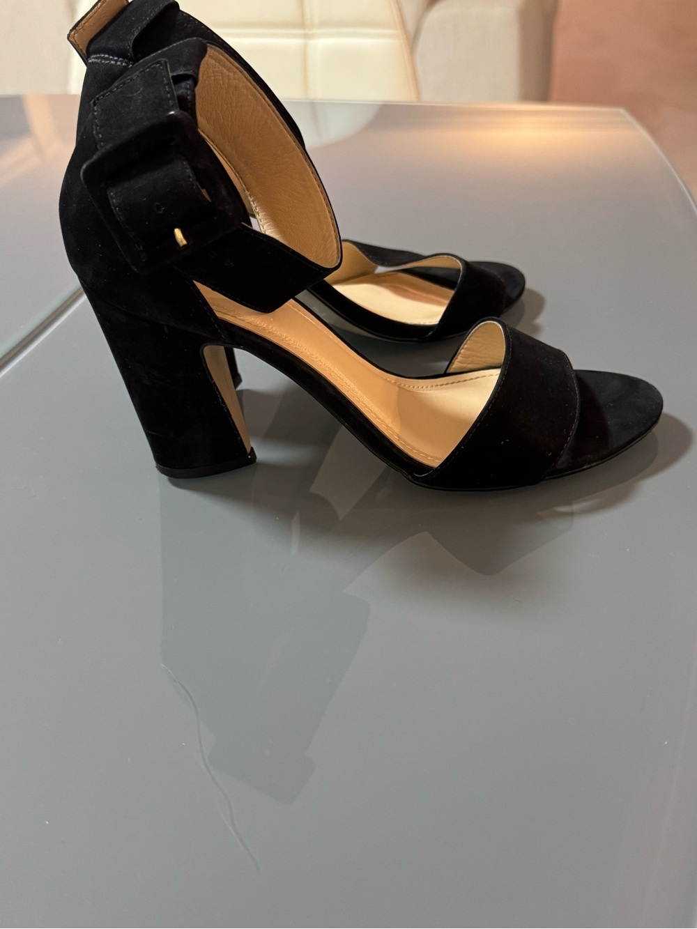 Black Suede Block Heel Sandals with Ankle Buckle